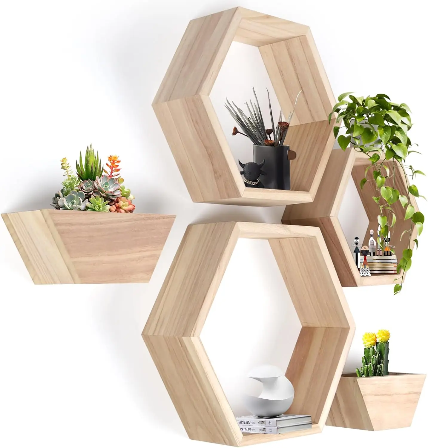 Set 5 Wall Mounted Wooden Hexagon Floating Shelves Honeycomb Geometric Shaped Organizer Hexagon Floating Shelves Set 5 Wall