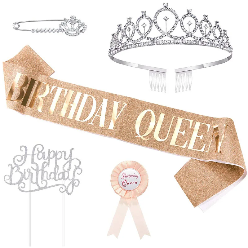 Birthday Girl Queen Sash Cake Topper Rose Gold Tiara Banner Birthday Crown And Sash Birthday Party Decoration Supplies