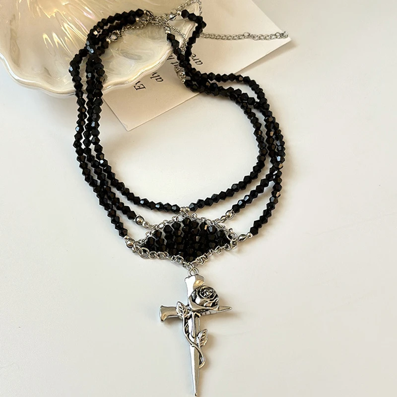 KOMI Vintage Silver Cross Pendant Necklace Layered Black Crystal Beaded Necklace with Cross Charm Choker Necklaces for Women