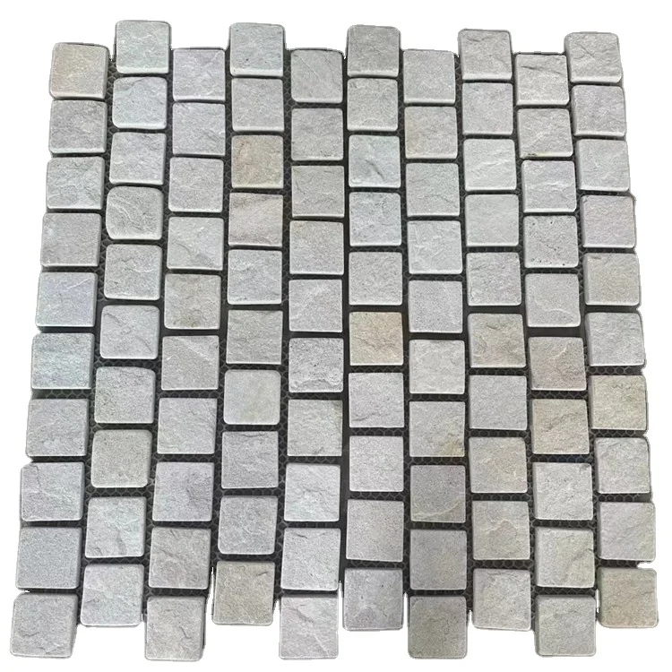 Tumbled brick bond design square white sandstone cobblestone on mesh for patio flooring