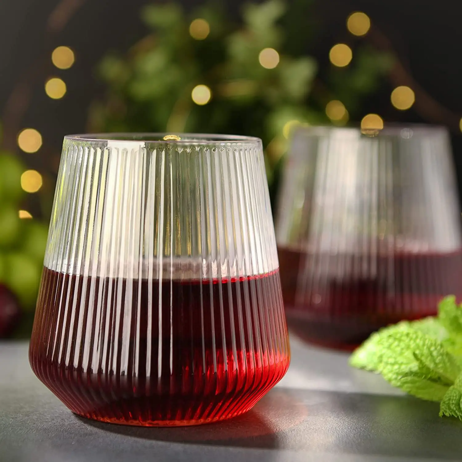 Recycleble 12oz Vertical Pattern Design Stripe Stemless Wine Glasses Plastic Unbreakable Ribbed Wine Glass