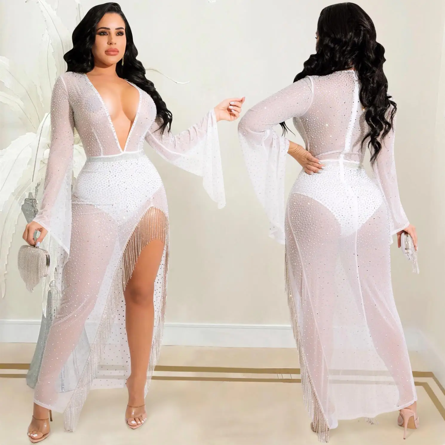 New 2022 Long Flare Sleeve Gown Women Sequins Dress Mesh See Through High Split Tassel Club Birthday Party Shinny Slim