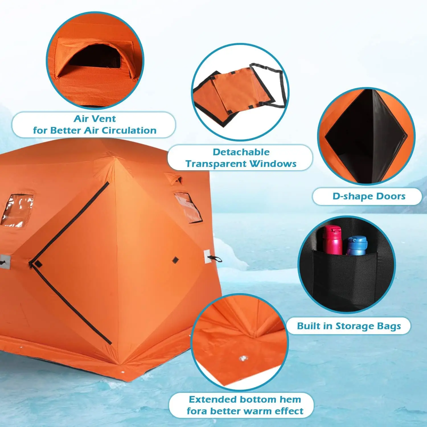 Ice Fishing Shelter Tent 2-3 Person Pop Up Portable Insulated Ice Shanty Zippered Door 300D Oxford Waterproof Fabric
