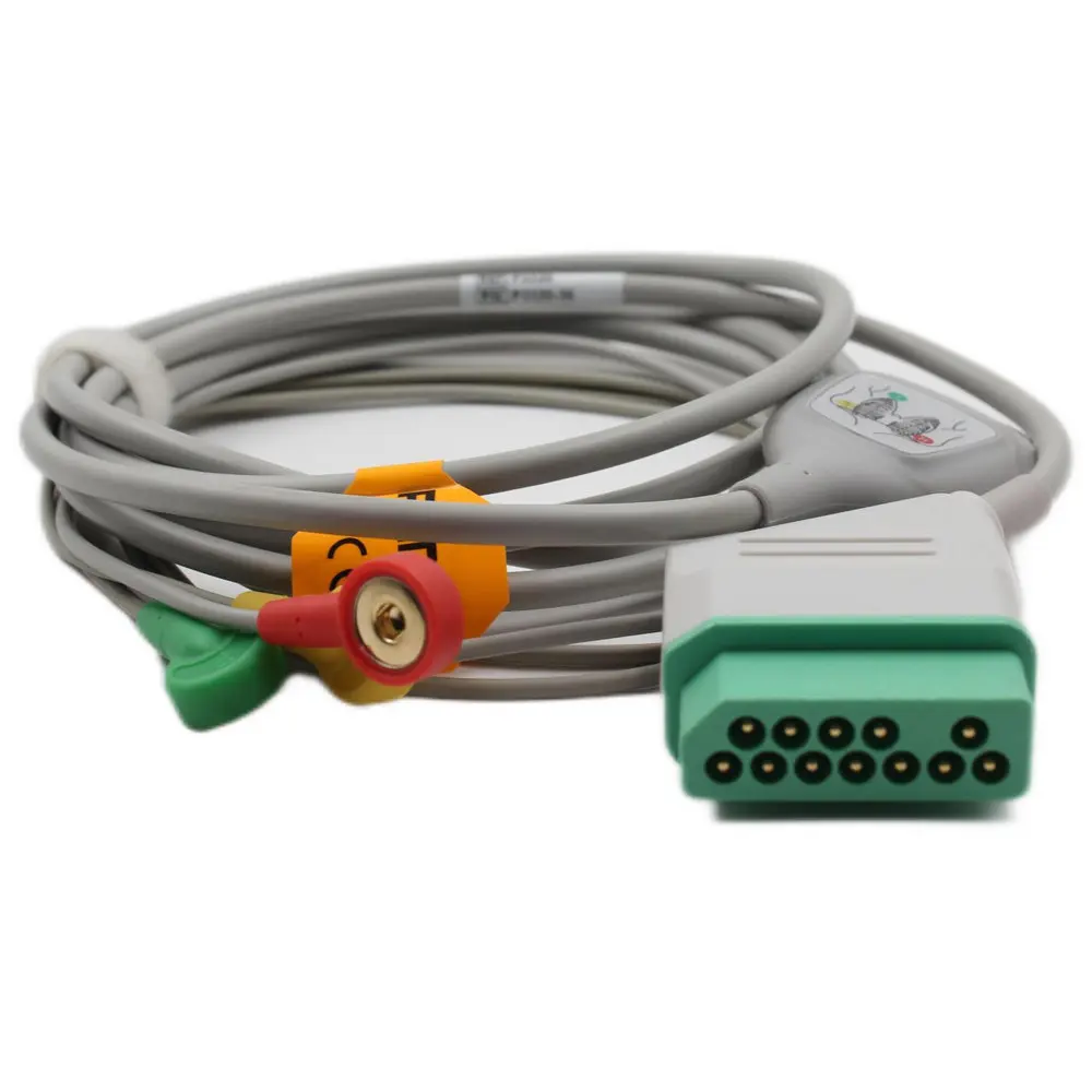 Plinma Hot selling Medical ECG Cable Compatible for Nihon kohden one-piece 3 leads ECG Cable with leadwires Snap 12pin EKG-Kabel