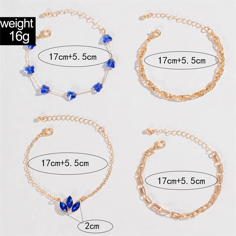 Fashion 4Pcs/Set Blue Resin Acrylic Butterfly Bracelets Set Crystal Rhinestones Pearl Bracelets For Women Girls