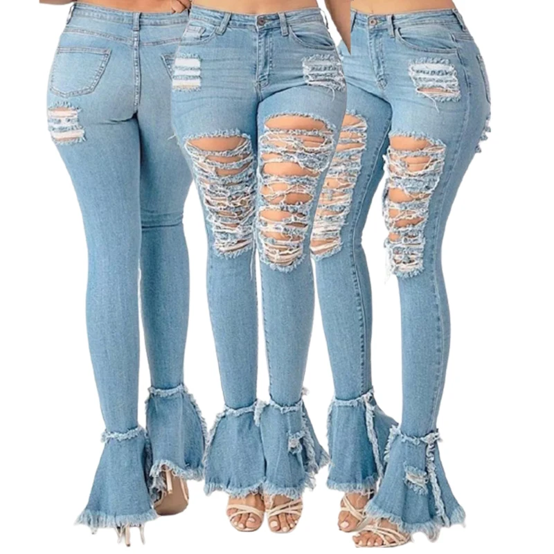 2021 пользовательские модные повседневные синие винтажные джинсовые брюки-клеш в стиле ретро с эффектом потертости рваные джинсы женские джинсы