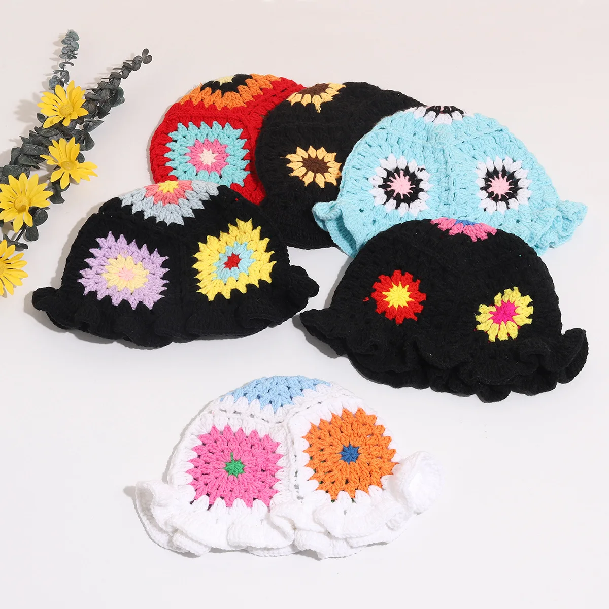 2024 Winter Autumn High Quality Knitted Crochet Sweater Flower Fashion Women Hats