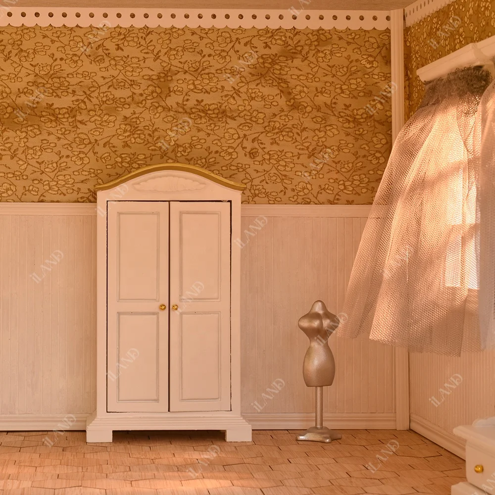 iLAND Vintage Dollhouse Furniture 1/12 scale, Brewster White Dollhouse Bedroom Furniture incl Dollhouse Bed & Mirror Full Length