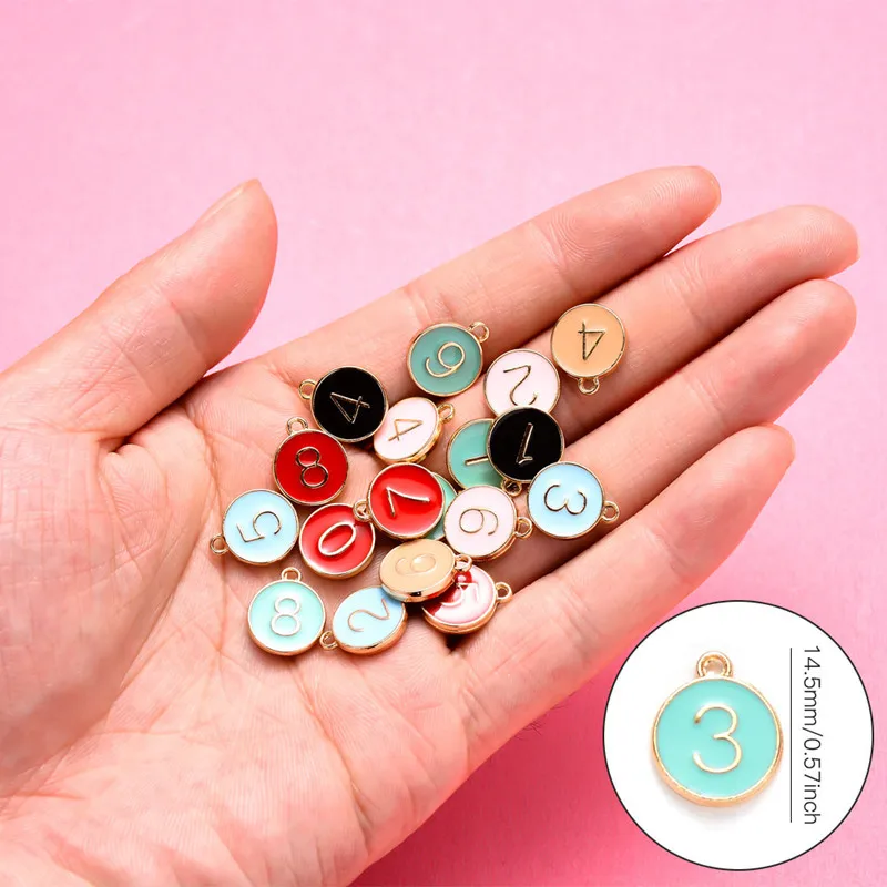 Wholesale Alloy Enamel Number Charms Flat Round 0-9 Number Pendants for DIY Jewelry Making