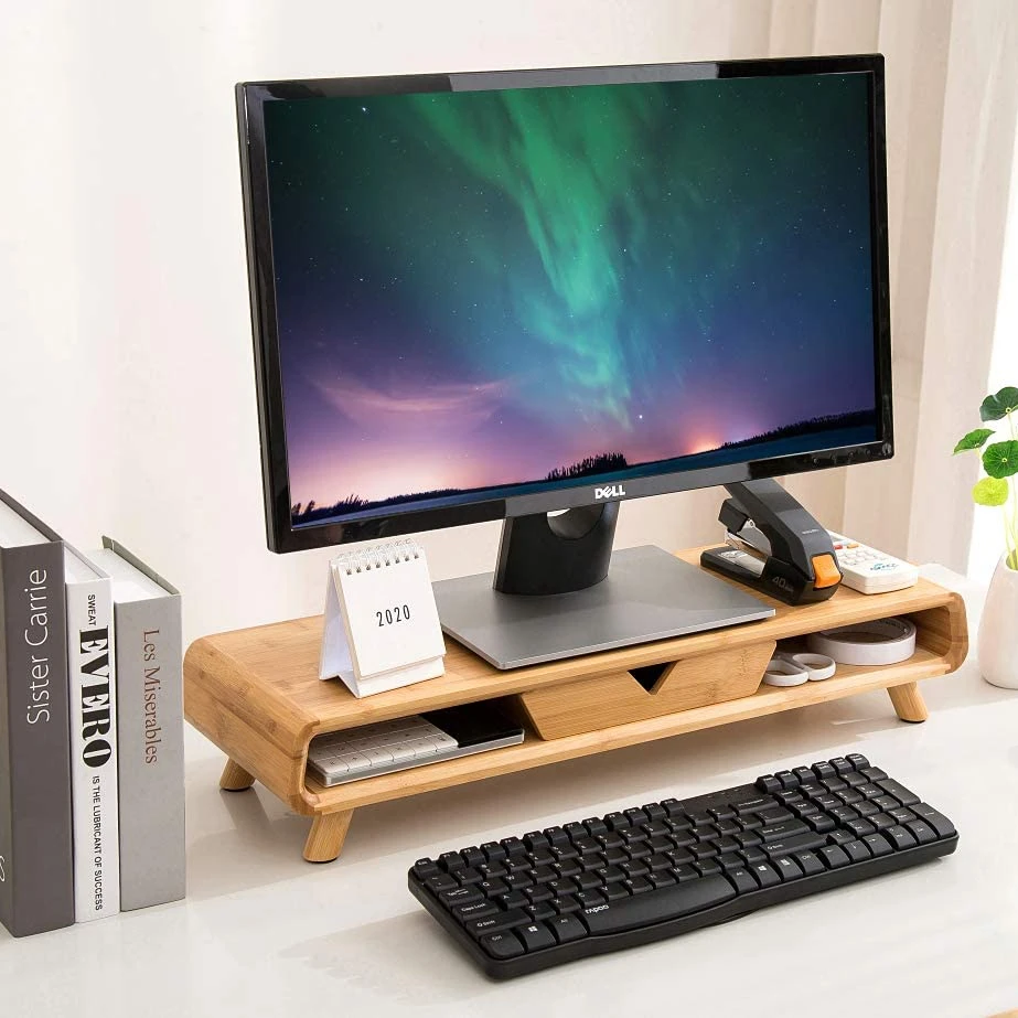 2022 Wood Bamboo Dual Computer Monitor Riser Desktop Screen Laptop Monitor Stand