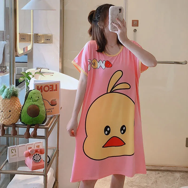 P039 Summer Plus Size Nightdress Cute Cartoon Printed Sleepwear Dress Ladies Everyday Loungewear Pajama Onesie Nightgown