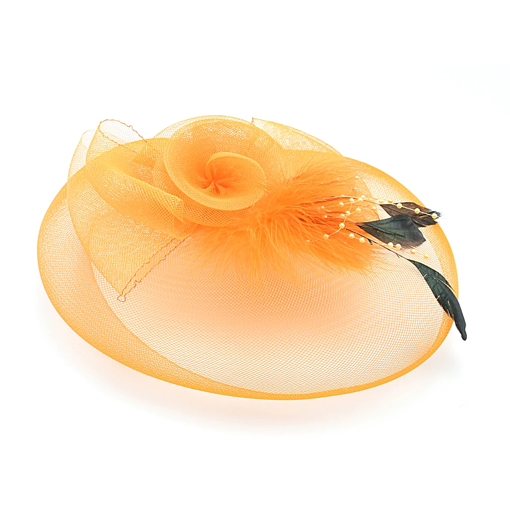 Headwear Veil Cover Hat Flower Feather Fascinator For Women Hair Clips Brooch Wedding Party Church Orange Color