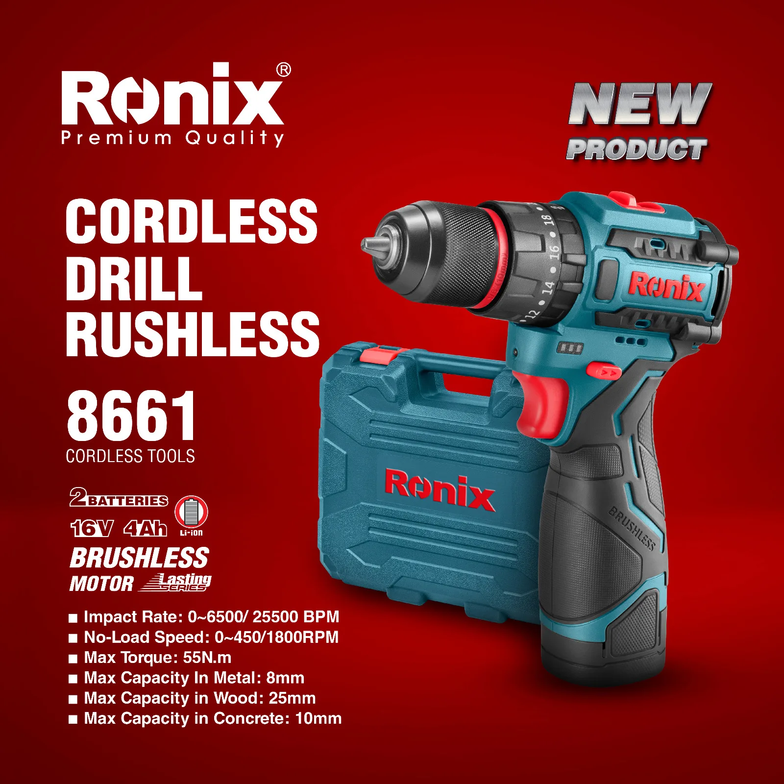RONIX 8661 Power Drill 16V 55Nm Cordless Brushless Impact Drill Kit with 2 Batteries