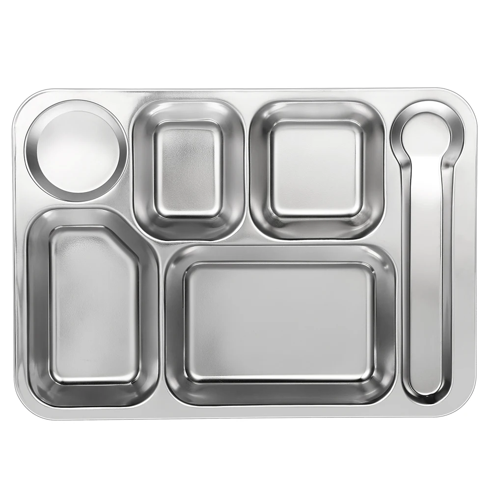 stainless steel 201 lunch dinner snack plate fast food tray 6 compartment Divided tray for school canteen adult and kids