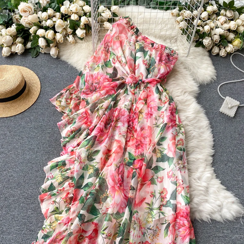 New arrival Summer Boho Floral Dress Chiffon Women Floral Maxi Dresses Summer One Shoulder Chiffon Korean Dress Floral