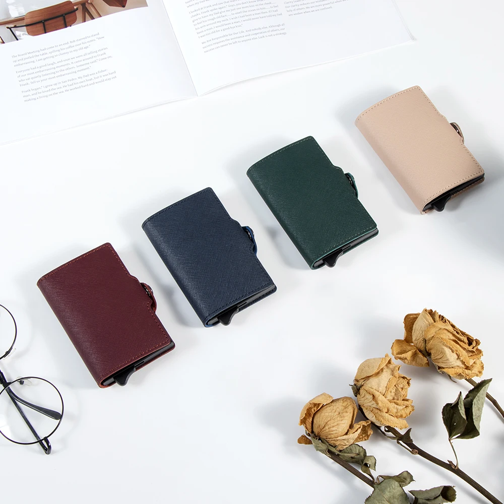 Casekey Fashion Full Grain Saffiano Leather Automatic Wallet Rfid Safe Anti Theft Popup Credit Card Holder Tarjetero for Women