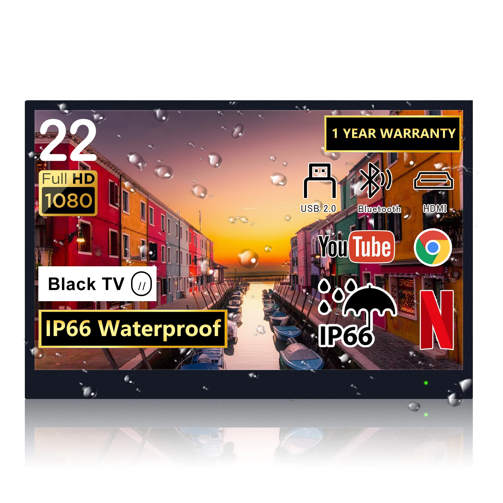 Television 22inch Black Waterproof IP66 Smart TVs for Bathroom 1080P Full HD with HDMI, USB Built-in Wi-Fi, Integrated Speakers