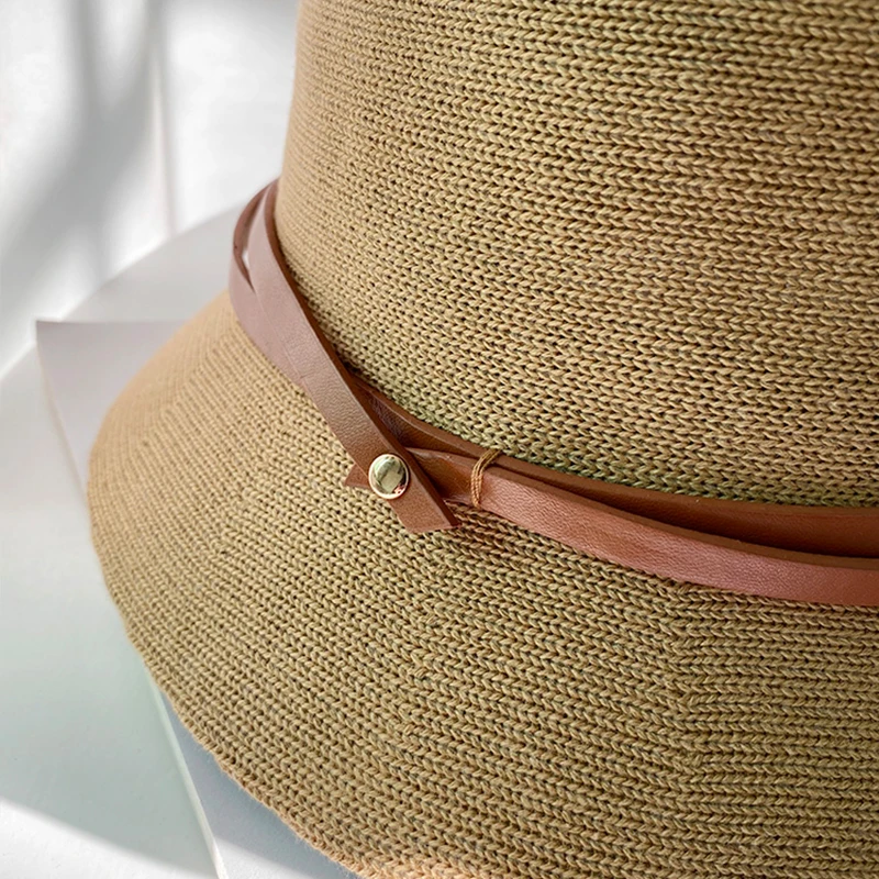 Wholesale Summer Mesh Hand-Woven Knit Sun Hat Women Fashion Korea Wide Brim UV Protection Dome Hollow out Bucket Hat with Belt