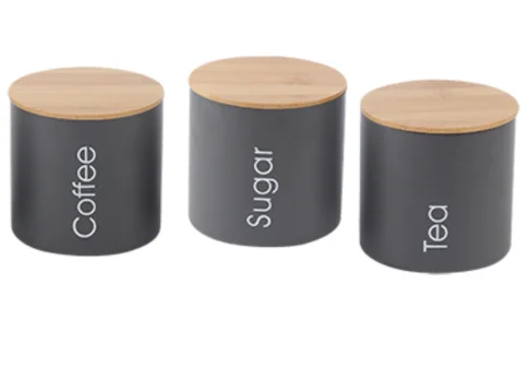 Deluxe black matt coating metal canister with airtight wood bamboo lid