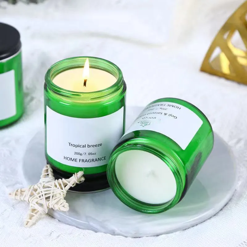 Diy Green Glass Candle Container Handmade Cylindrical Jar with Screen Printing Newly Designed with Lid
