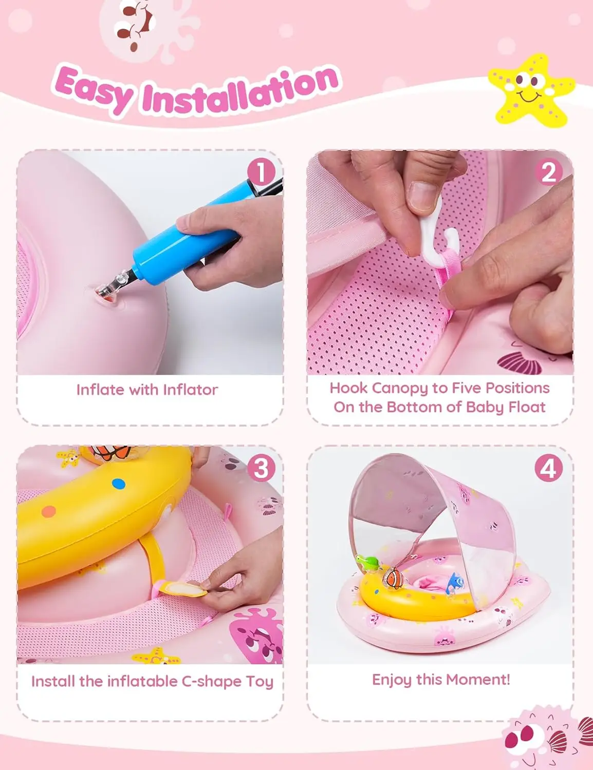 2025 New design upgrade Inflatable baby float with canopy swim trainer Sun shade pink Inflatable Baby Swim Float Seat Boat