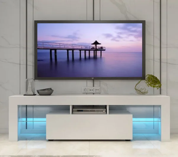 Hot Selling Modern TV Stand White High Gloss Wood TV Unit with LED lighting
