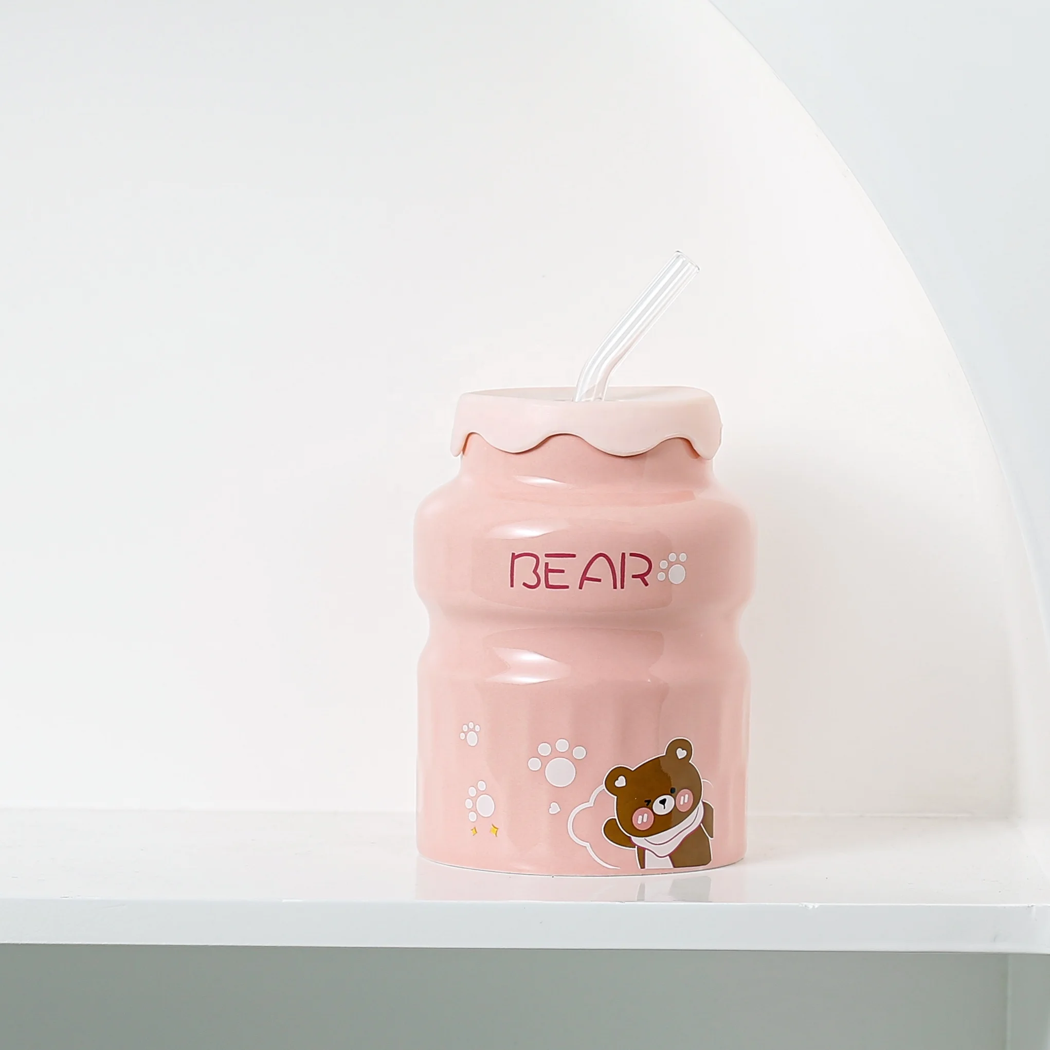 Hot Sale 500ml Iced Coffee Milk Cute Bear Ceramic Coffee Cup With Glass Straw And Lid