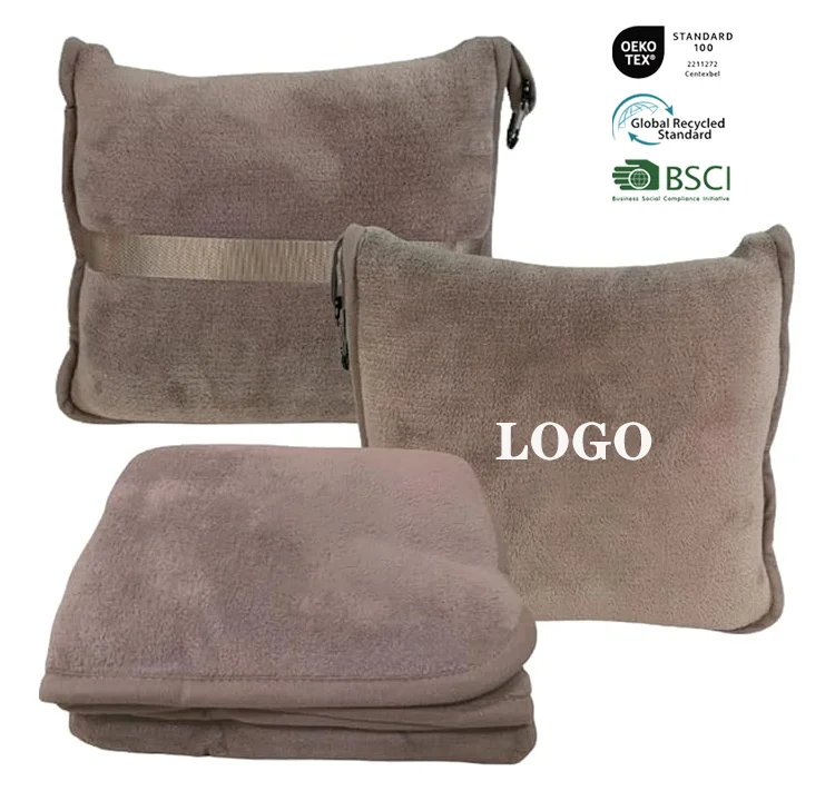 wholesale Lightweight custom flannel fleece travel blankets and pillow Portable Foldable 4 in 1 Travel Blanket in pouch