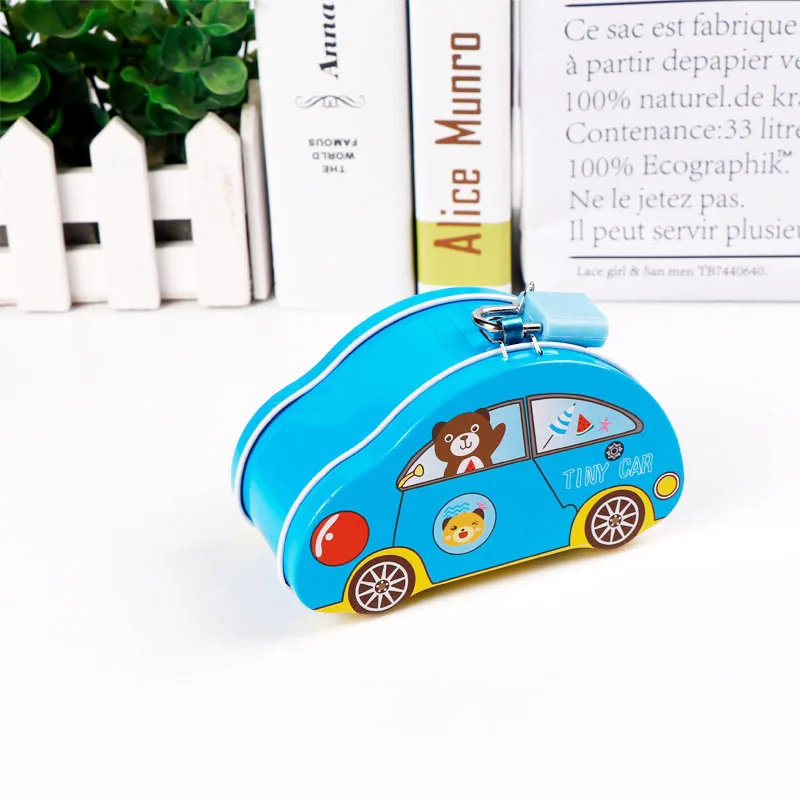 TOPSTHINK Wholesale cute tin piggy bank cartoon saving money bank tin box car shape for kids