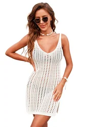 2022 Summer Beach Wear See Through Hollow Out Knitted Crochet Sexy Swimsuit Cover Up Beach Dress