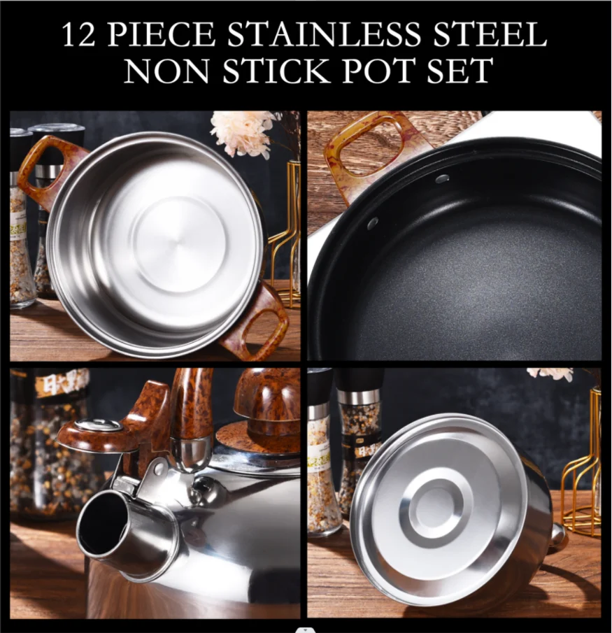 Home Kitchen 12 pcs Stainless Steel Pots And Pans Nonstick Coating Cookware Sets With Kettle Cookware Soup Pot Sauce Pan set