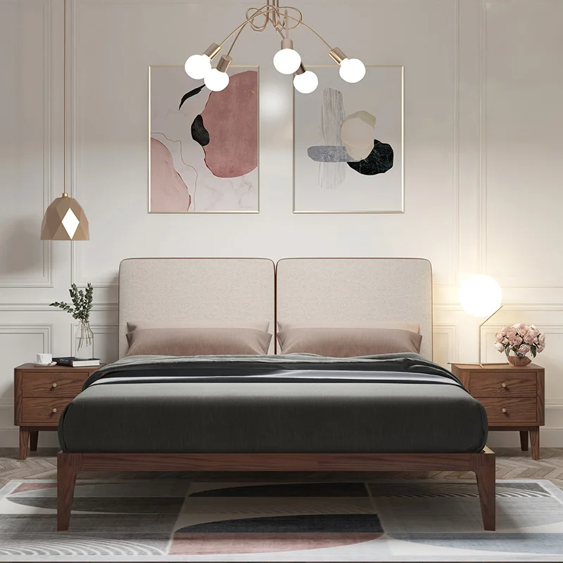 Light Luxury Solid Wood fabric Upholstered Bed Modern Minimalist Wooden Bedroom Furniture 1.5m noridc design Beds