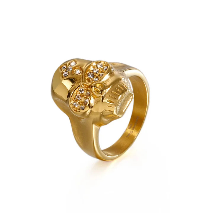 
Fashion Design Mens Rings Stainless Steel Diamond Skull 18K Gold Ring 