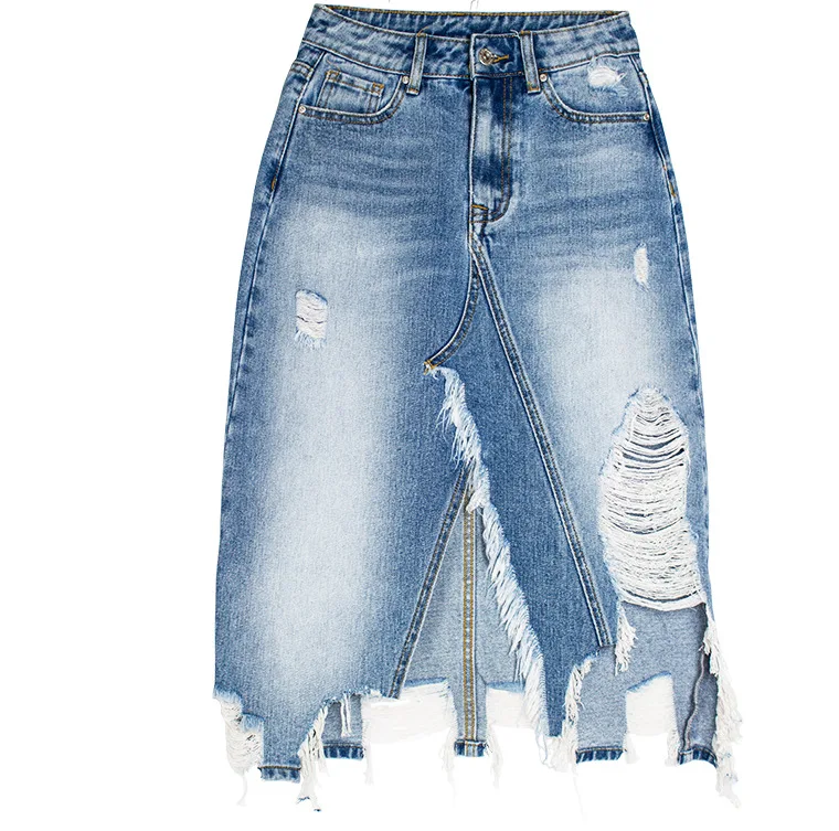 Blue Team | Custom european and American Irregular Tassel Ripped Denim Skirt Hip Lifting Skirt