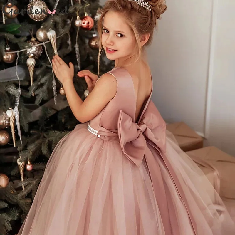 Finalz wholesale kids baby Formal Gown Mesh Bow Pink Sleeveless party dresses for girls
