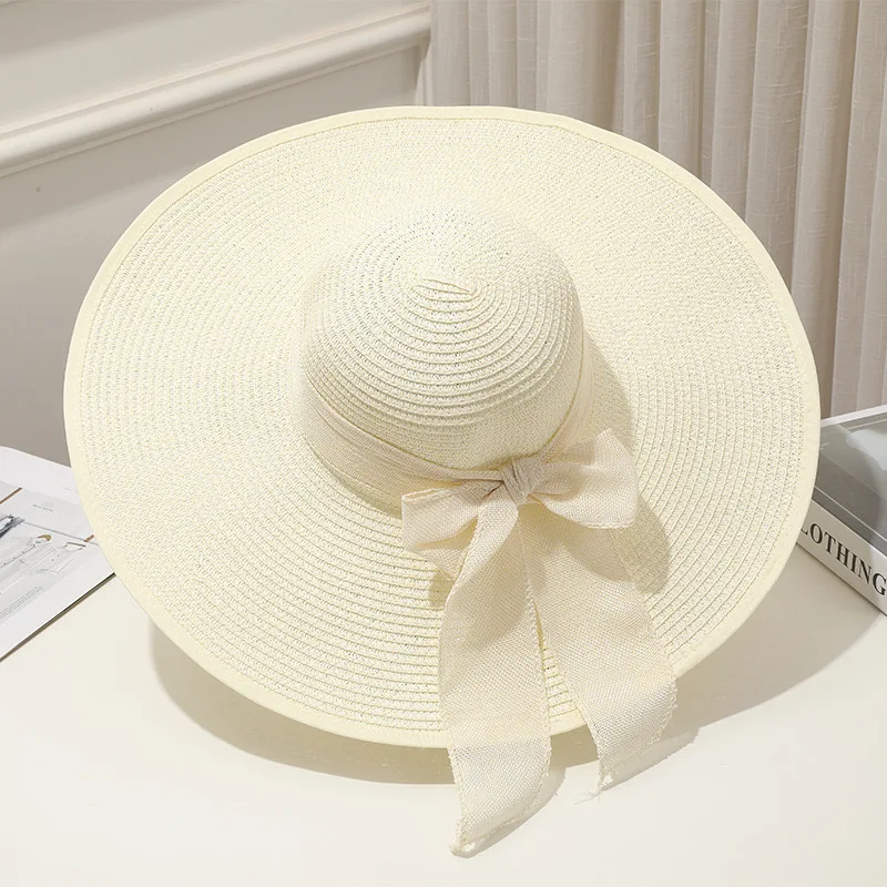 Wholesale Women Summer Hat Wide Brim Roll Sun Hat Sombrero Foldable Ribbon Bow Paper Straw Floppy Beach Hat for Lady  Sun Shade