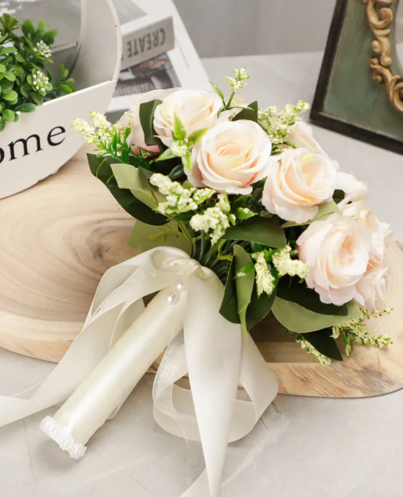 Artificial Holding Flowers White Champagne Bridesmaid Flower Wedding Bouquet With Ribbon