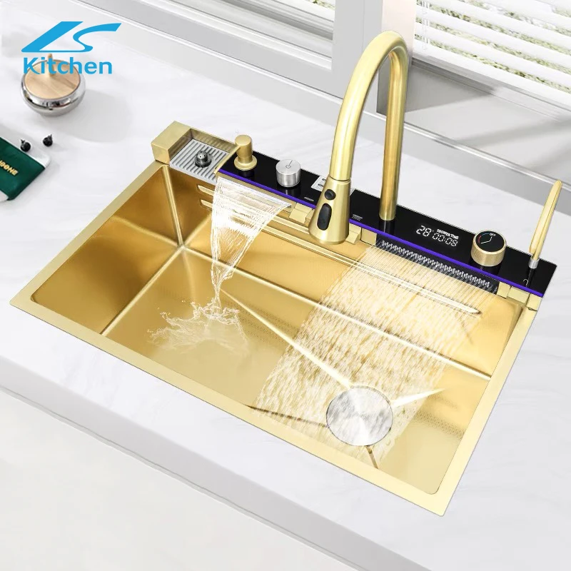Smart Golden Luxury 304 Stainless Steel Nano Waterfall Rainfall Honeycomb Piano Key Kitchen Sink