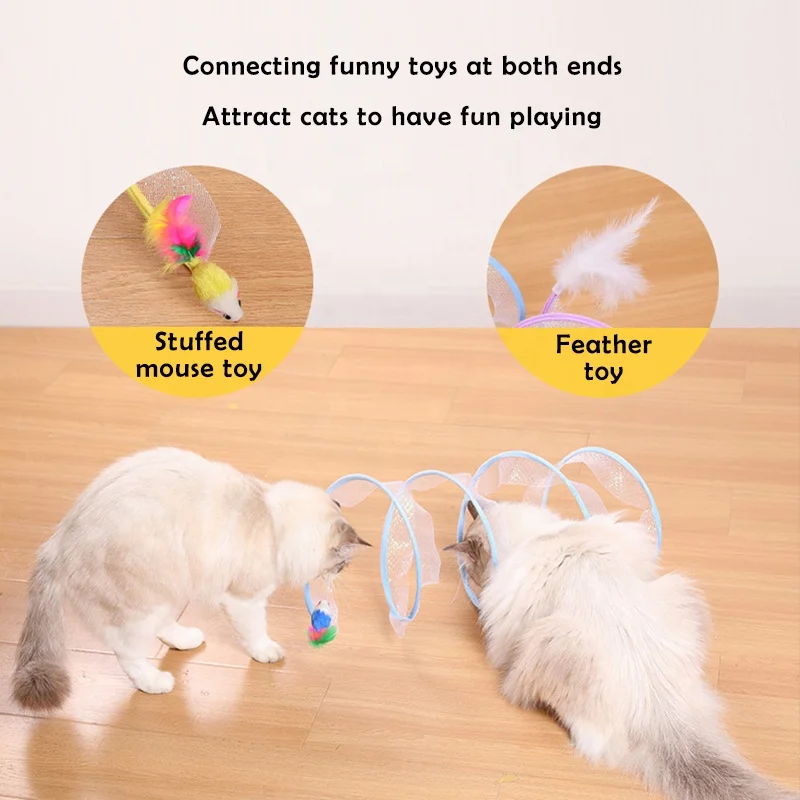 Small Animals Playing Exercise Cat Spring Toys Interactive Portable Indoor Folded Cat Tube Tunnels Toy With Feather Mouse Toys