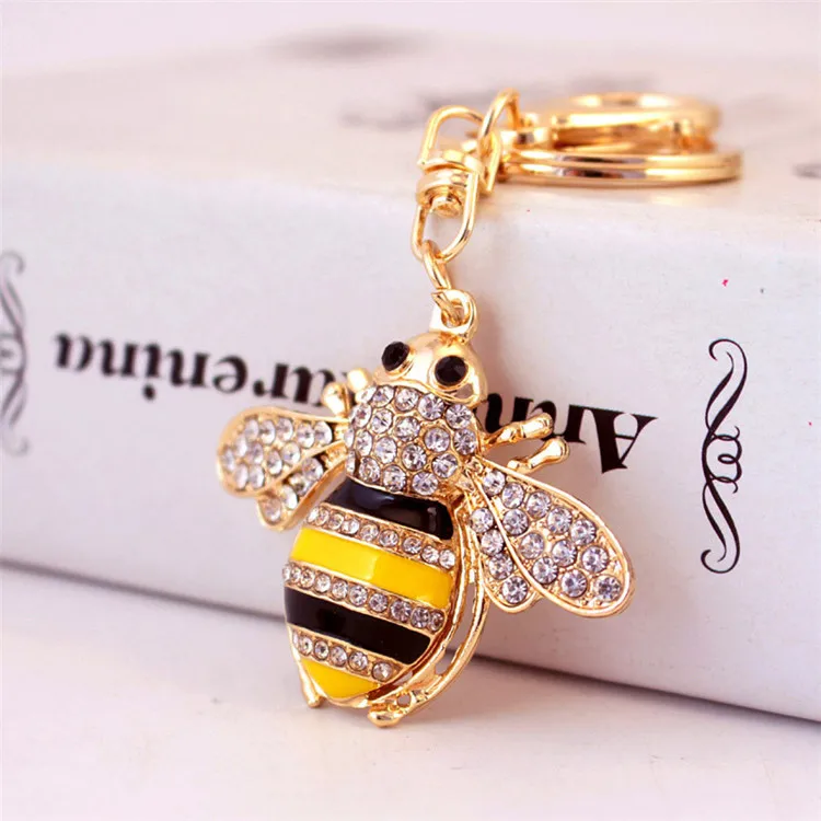 Hot Selling New Fashion Cute Rhinestones Metal Little Honeybee Bee Car Insect Keychain Pendant Ornament