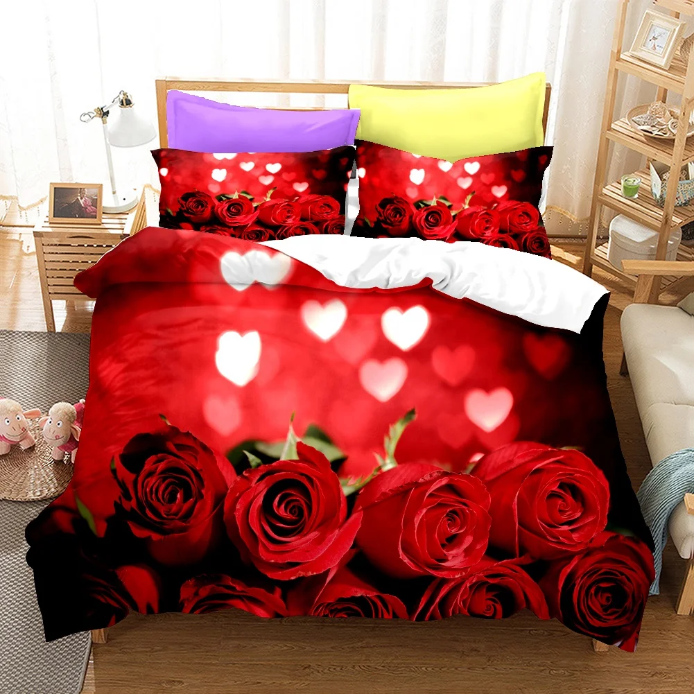 3D Digital Duvet Cover Flower Red Rose Luxury Bedding Sets Collections 100% Microfiber Printed Bed Sheets With Pillow Covers