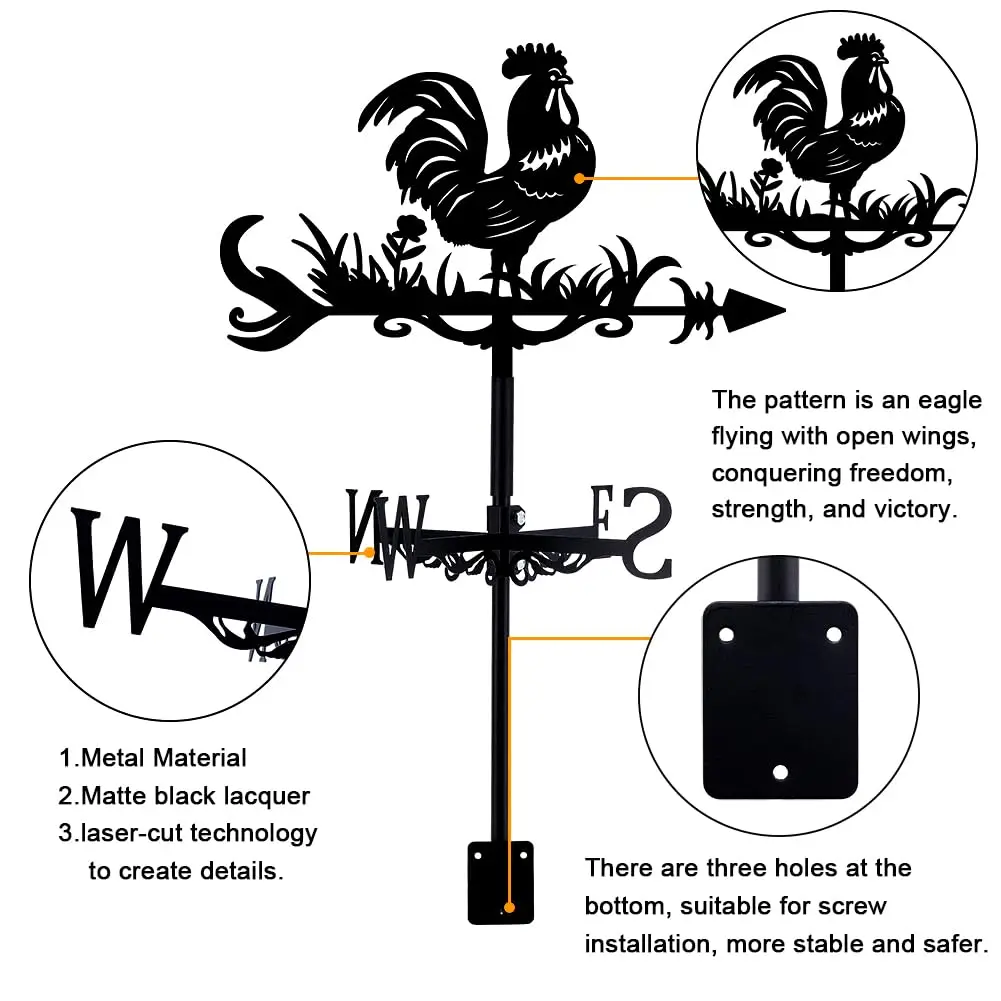 Rooster Weathervane Chicken Wrought Iron Wind Vane Roof Garden Direction Sign Outdoor Farmhouse Decoration  Measuring Tool
