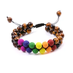 8mm Black Agate Bracelets Seven Chakra Stone Adjustable Double Woven Yoga Relax Bracelet For Women Men
