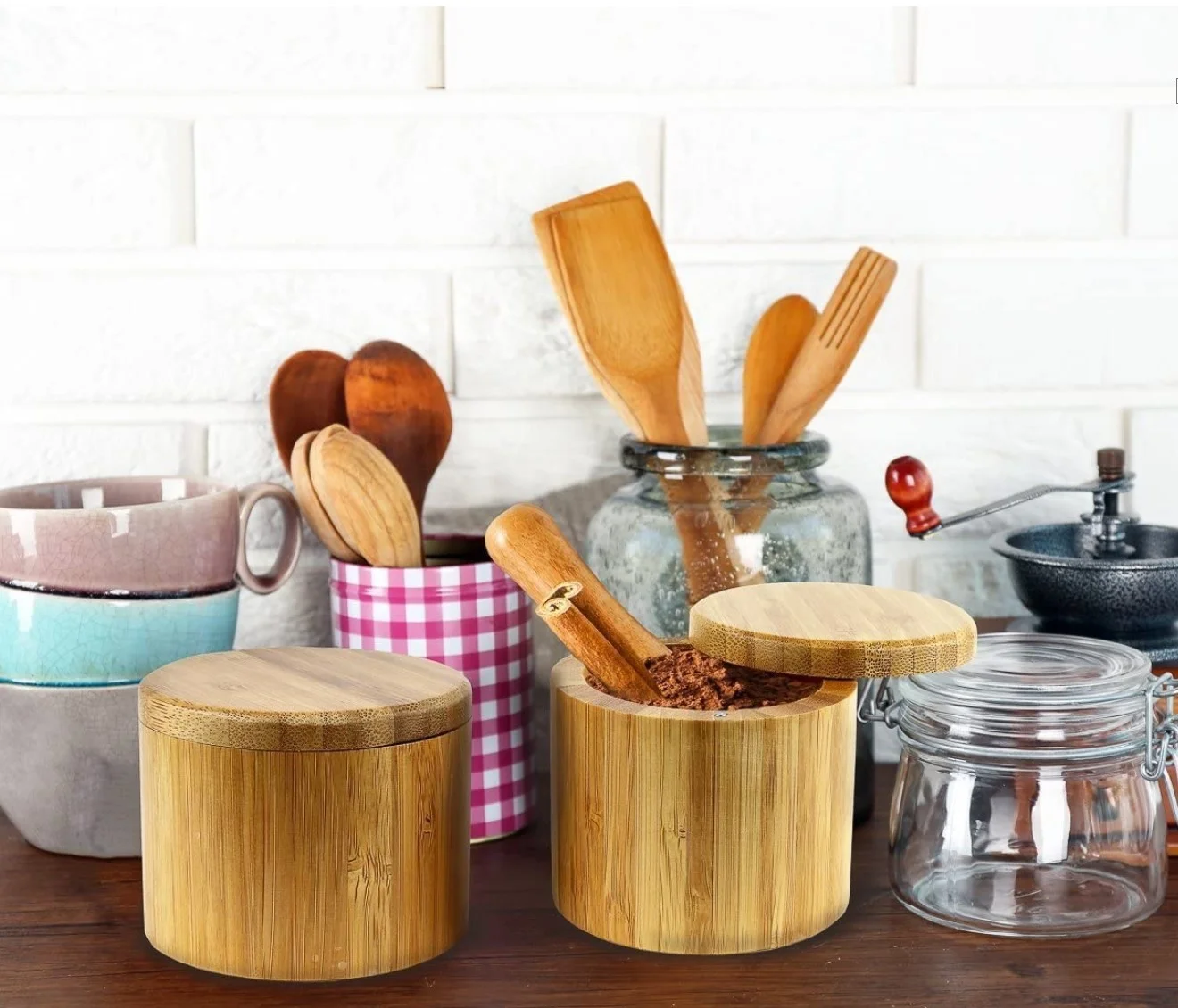 100% Органические Кухонные банки для хранения, бамбуковый контейнер для соли, оптовая продажа с завода