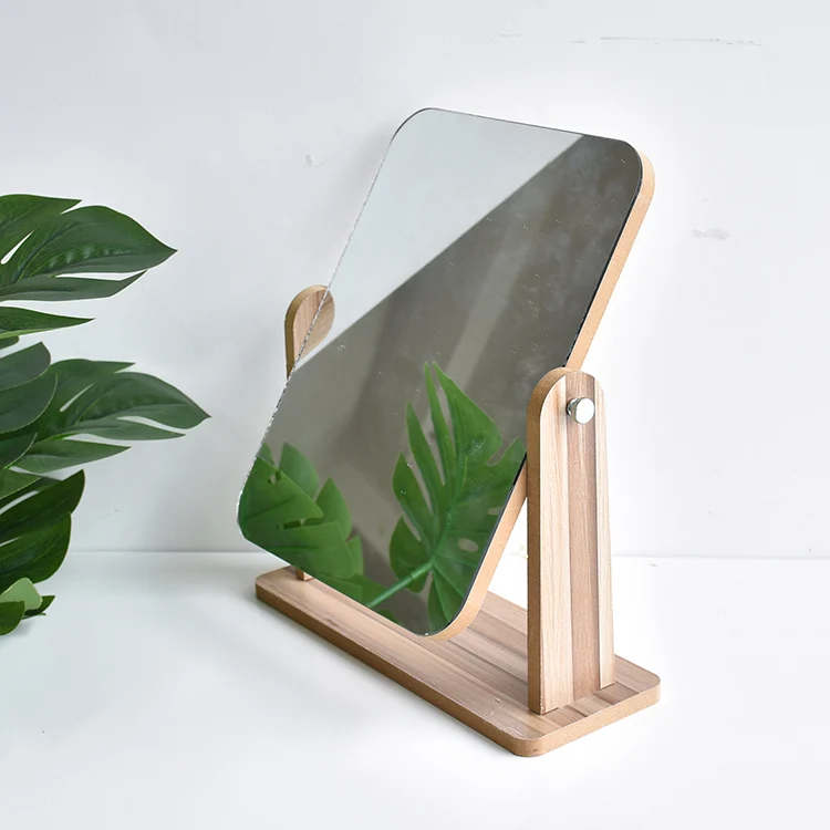 Wood Stand Rotatable Tabletop Makeup Mirror Rectangular Decorative Table Mirror Small Makeup Mirror