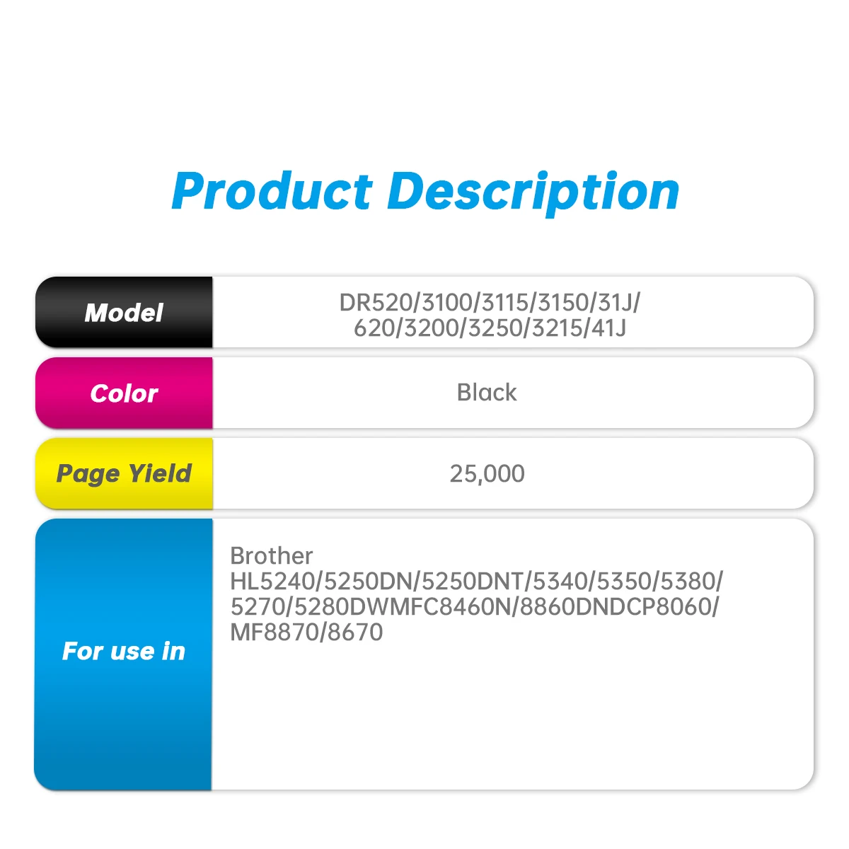 Drum Unit DR520 DR3100 DR3115 DR3150 DR31J DR620 DR3200 DR3250 DR3215 DR41J for Brother HL5240 5250DN Compatible Drum Unit