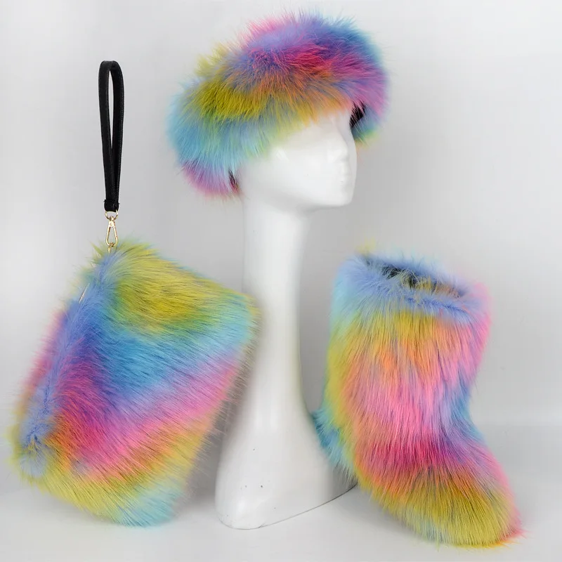 
wholesale colorful faux and real fluffy big long tall fox fur snow boots sets matching with purse bags headband for ladies women 