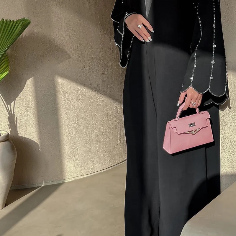 2024 EID Abaya wear high quality bead Modest Dress black long Satin Modest set Open Abaya Islamic Clothing Crew neck