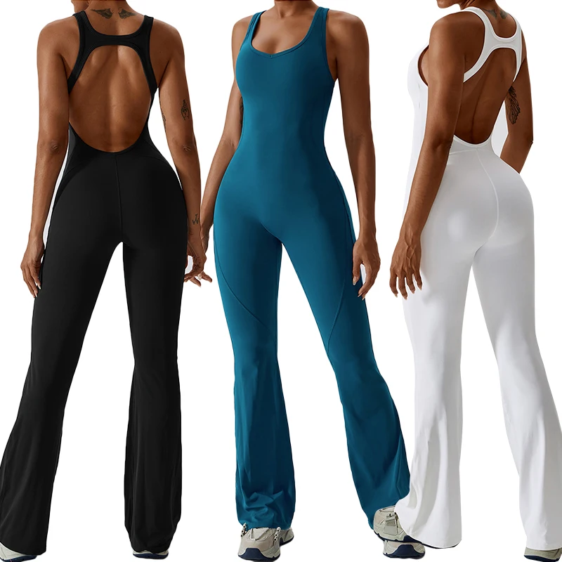 High Quality Women Athleisure Fitness Tummy Control Flared Pants Bodysuit Backless One Piece Yoga Jumpsuit Active Wear Bodysuits