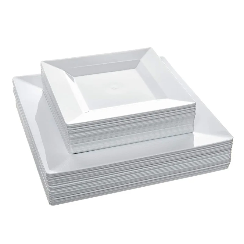 White Square Disposable Plates,Heavy Duty Plastic Party Plates for Christmas Thanksgiving